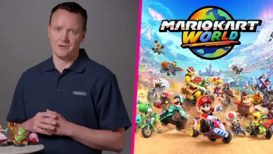 Person introduces new Mario Kart World game.