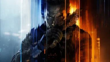 Futuristic soldier with weapon in dramatic blue orange lighting