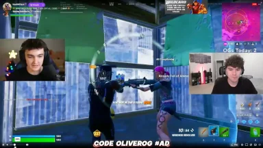 Gamers streaming Fortnite battle with webcam overlays.