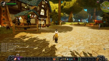 Character in fantasy game village scene
