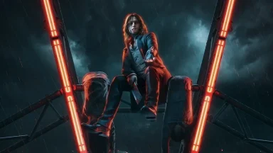 Vampire sitting on rooftop in rainy night scene