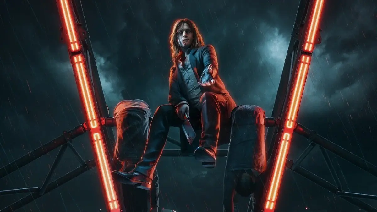 Vampire sitting on rooftop in rainy night scene