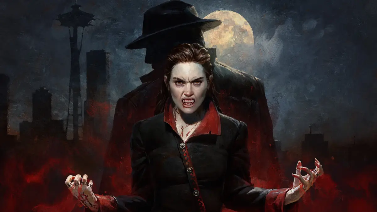 Vampire with fangs under moonlit city skyline.