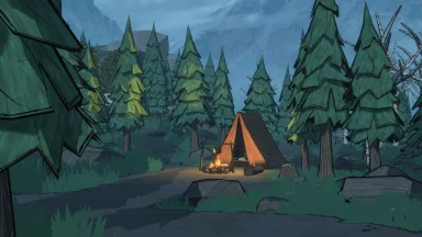 Camping tent with campfire in forest