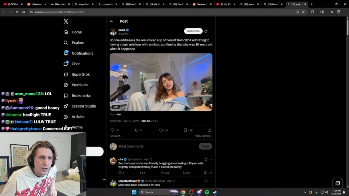 Livestream screen showing streamer reacting to social media post