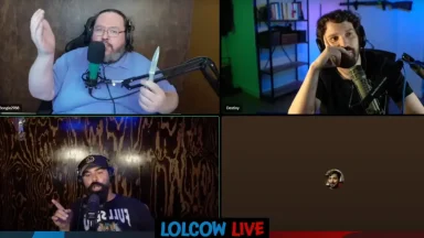 Four people on a live podcast video call
