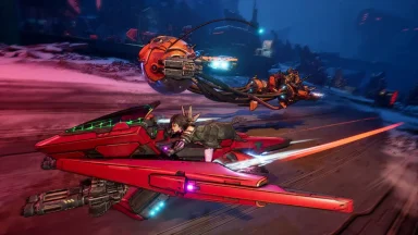Futuristic vehicles racing in a snowy landscape