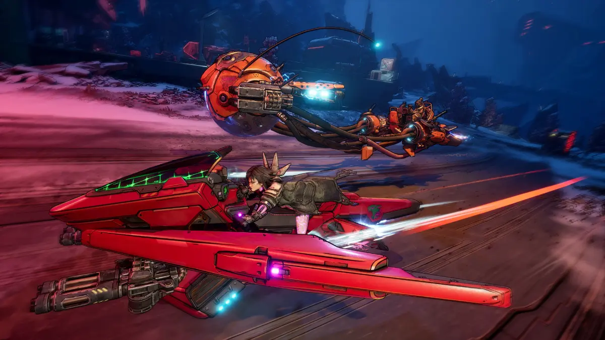 Futuristic vehicles racing in a snowy landscape