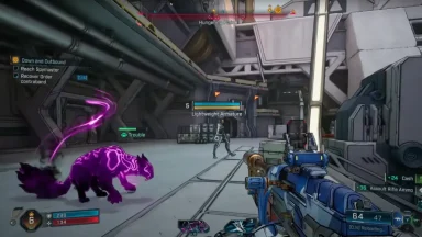 First-person shooter in industrial setting, purple creature attacking.