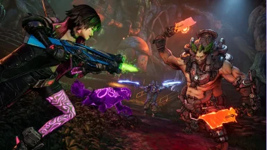 Futuristic warriors battle with glowing weapons in forest.