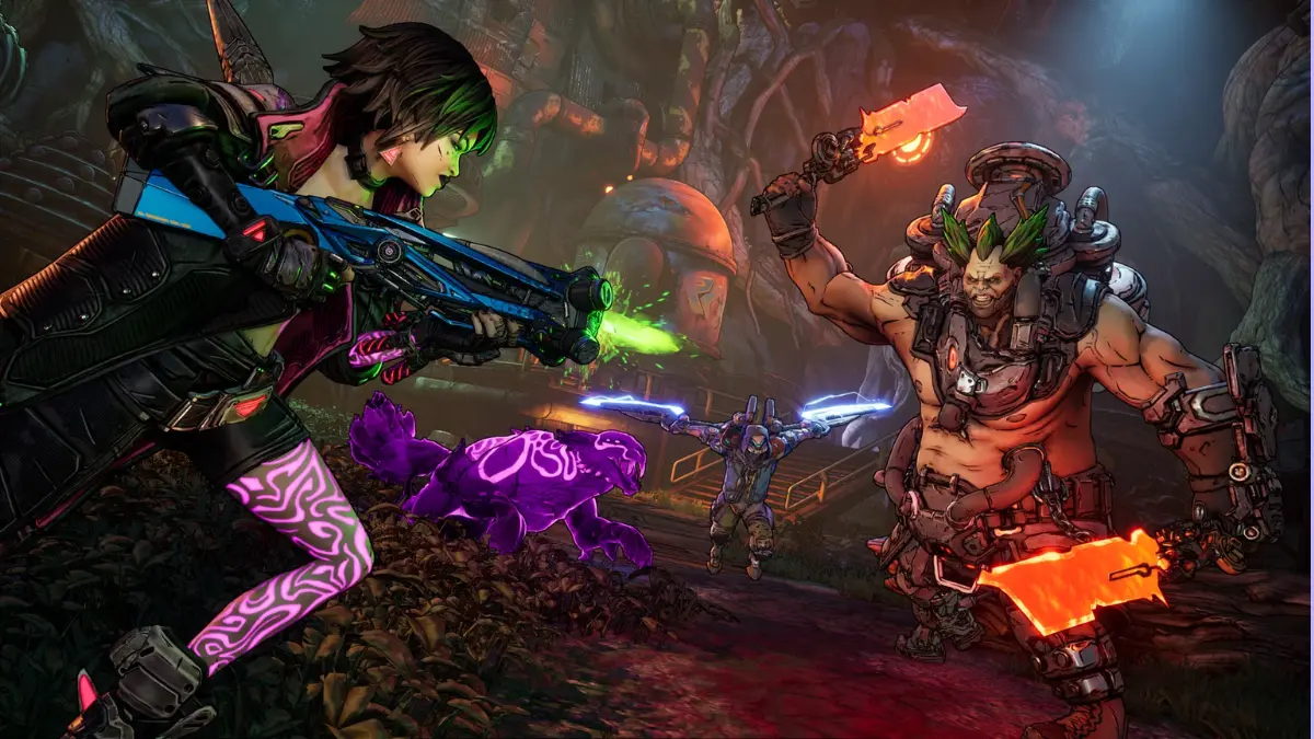 Futuristic warriors battle with glowing weapons in forest.