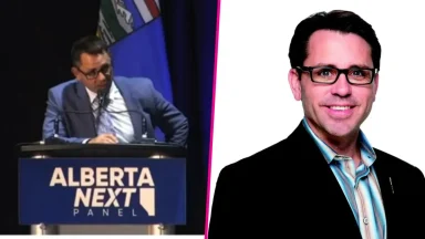 Man speaking at Alberta Next panel and portrait