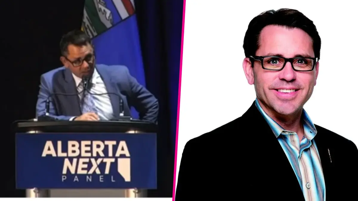 Man speaking at Alberta Next panel and portrait
