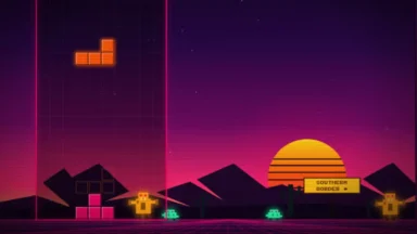 Retro pixel-art border crossing with Tetris blocks and sunset