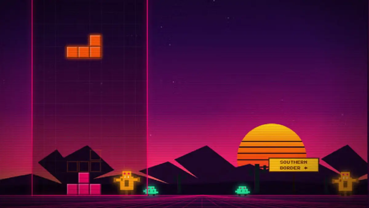 Retro pixel-art border crossing with Tetris blocks and sunset