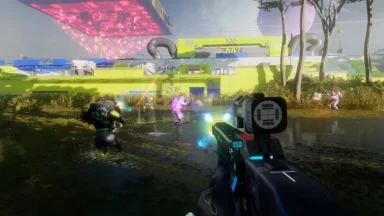 First-person sci-fi battle in flooded industrial complex