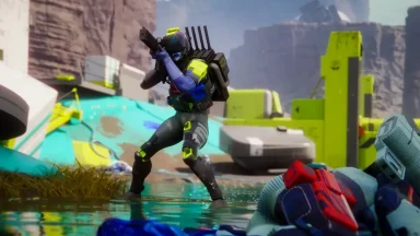 Futuristic soldier aiming rifle in flooded ruins