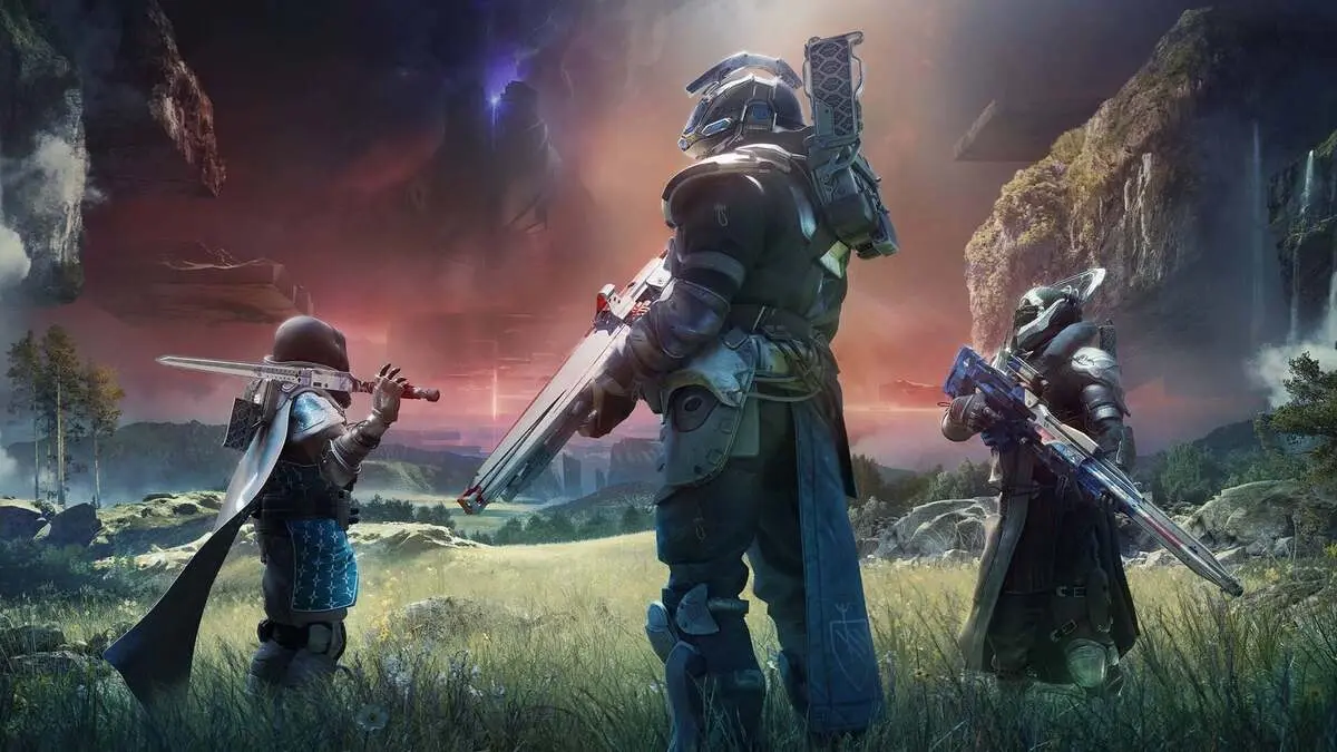 Three armored sci-fi warriors in alien landscape