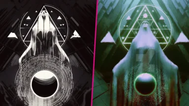 Mystical figure with geometric patterns and glowing sphere.