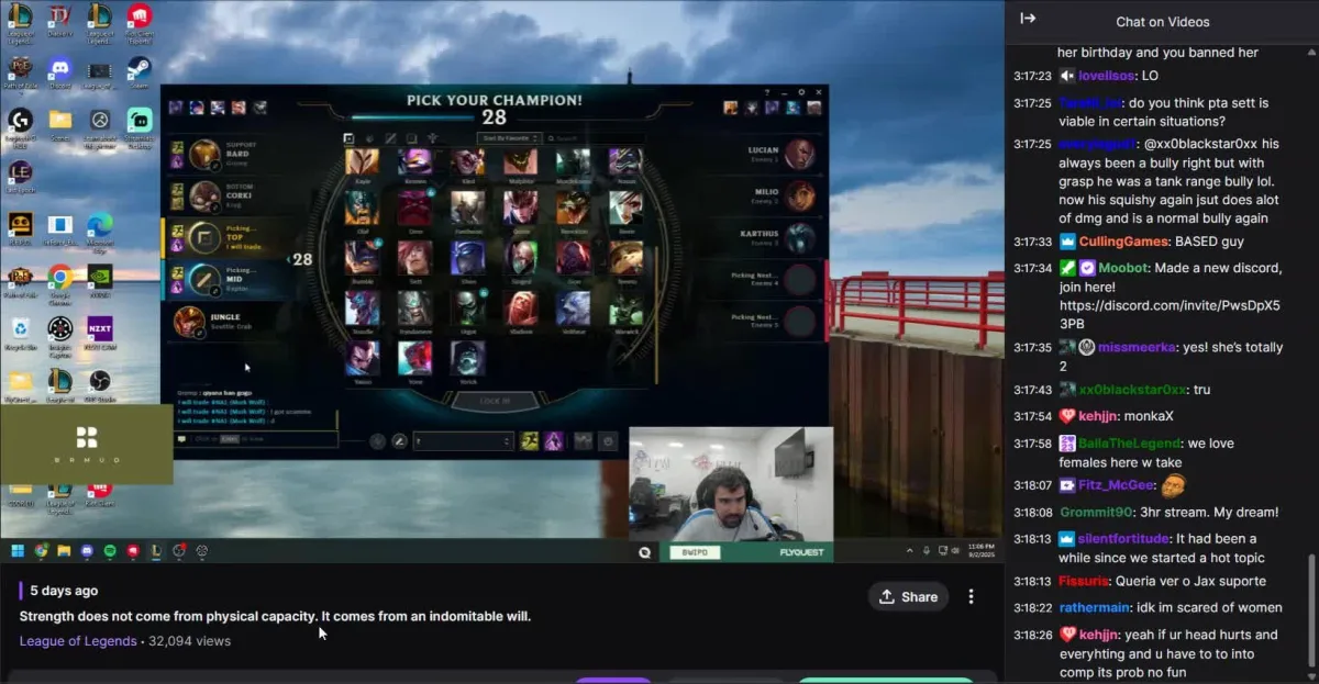 Streamer choosing champion in League of Legends game.