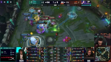 League of Legends esports match intense base fight