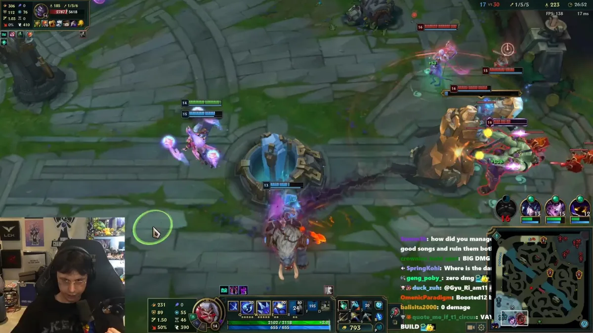 League of Legends gameplay with streamer facecam overlay