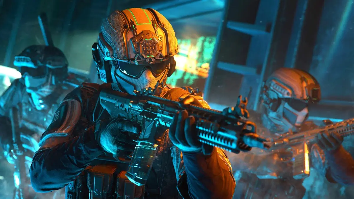Futuristic soldiers aiming weapons in combat scene