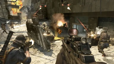 First-person shooter battle in destroyed urban cityscape