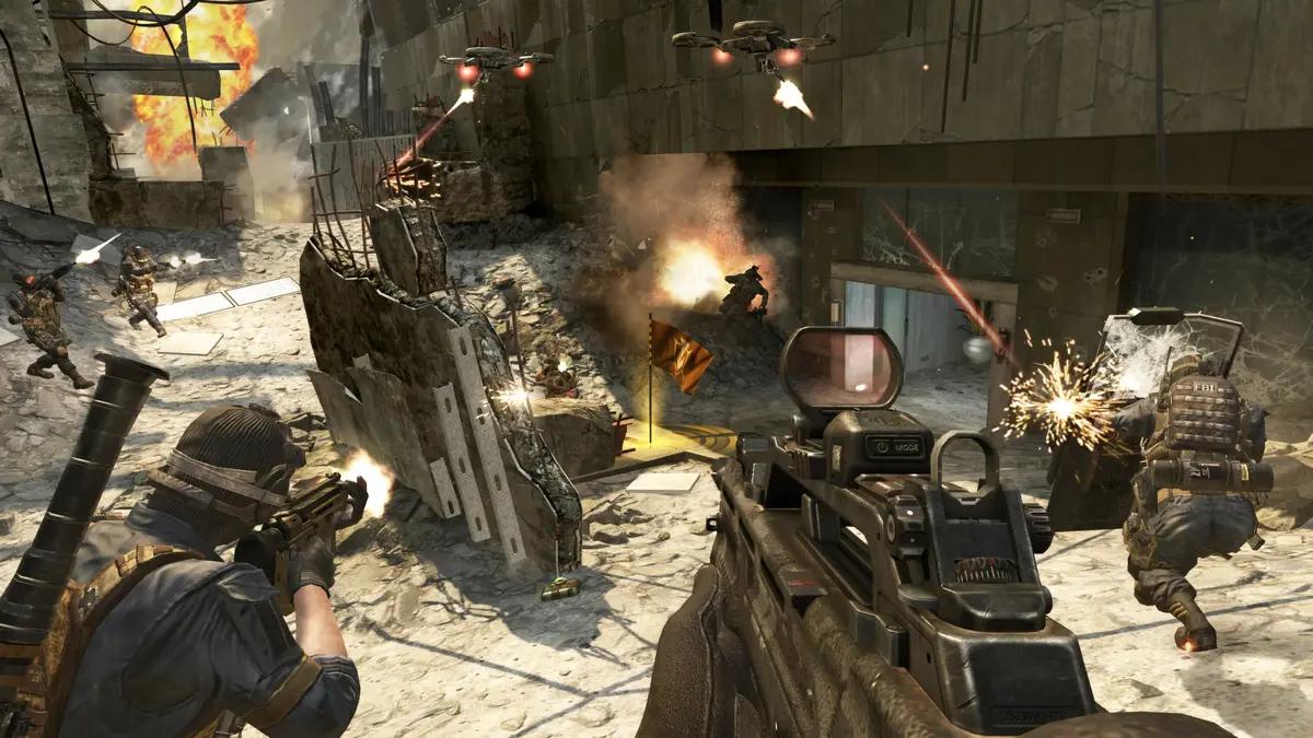 First-person shooter battle in destroyed urban cityscape
