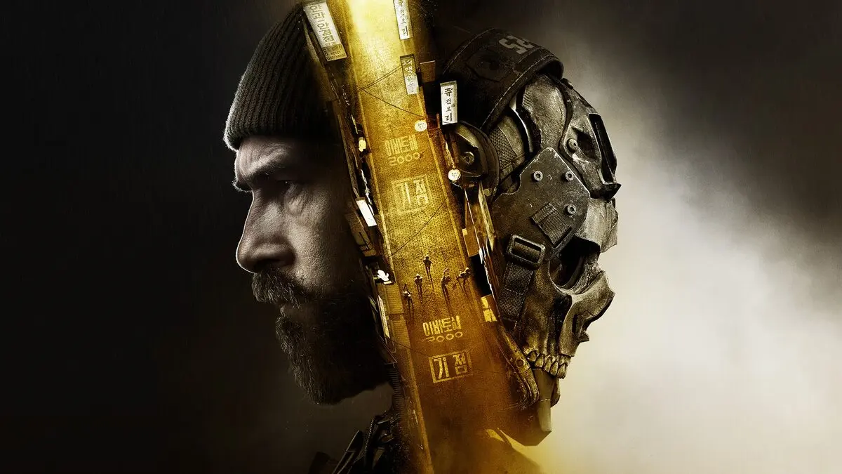 Split portrait of man and robotic skull