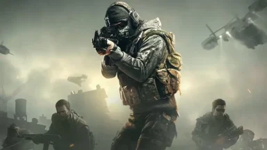 Armed soldiers in urban combat with helicopters overhead