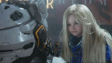 Young girl facing futuristic robot in sci-fi setting