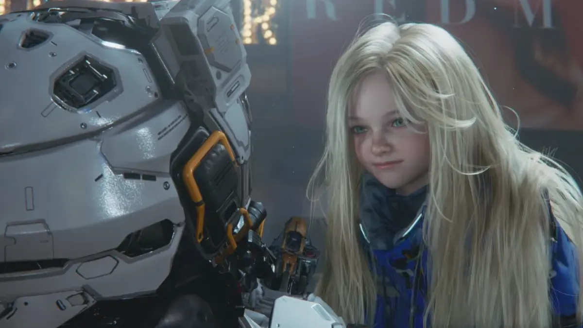 Young girl facing futuristic robot in sci-fi setting