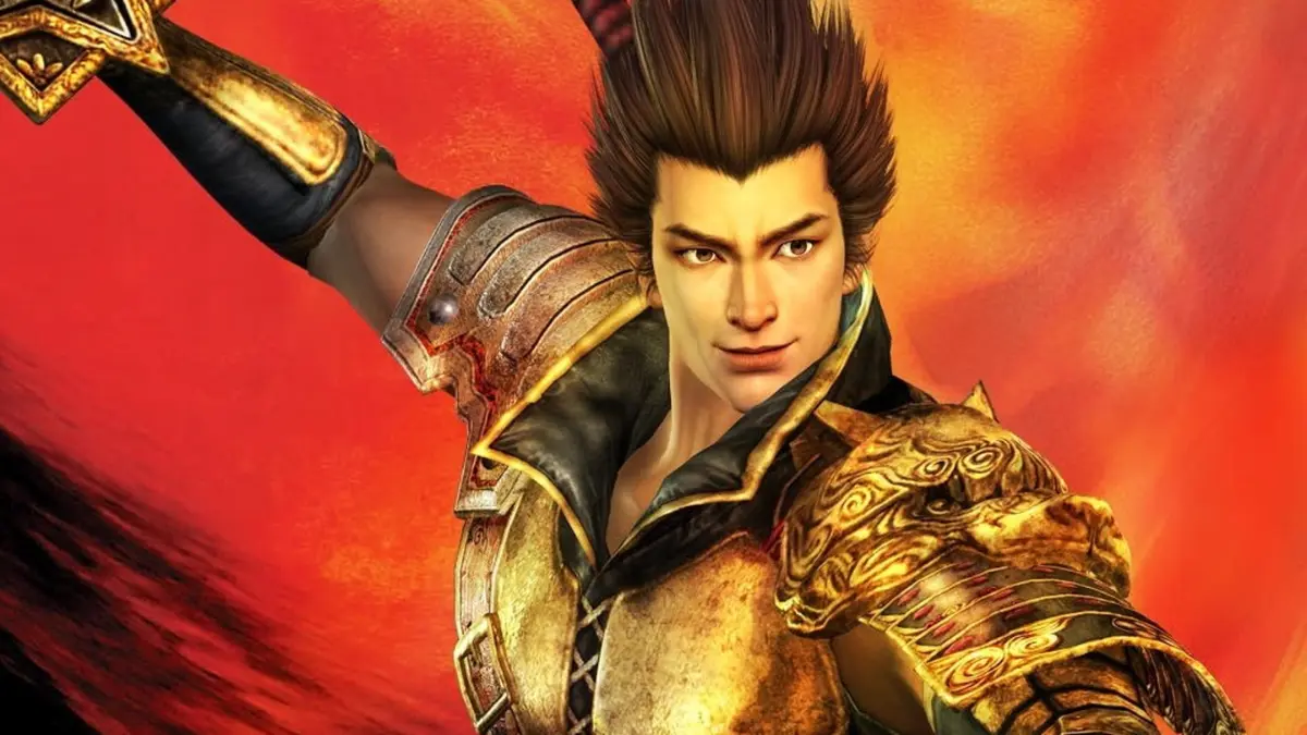 Warrior in golden armor with fiery background.
