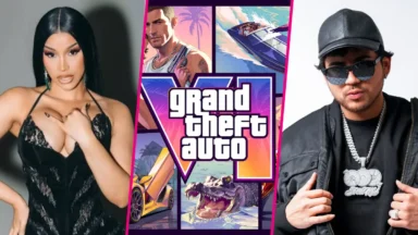 Two performers flank Grand Theft Auto promotional artwork