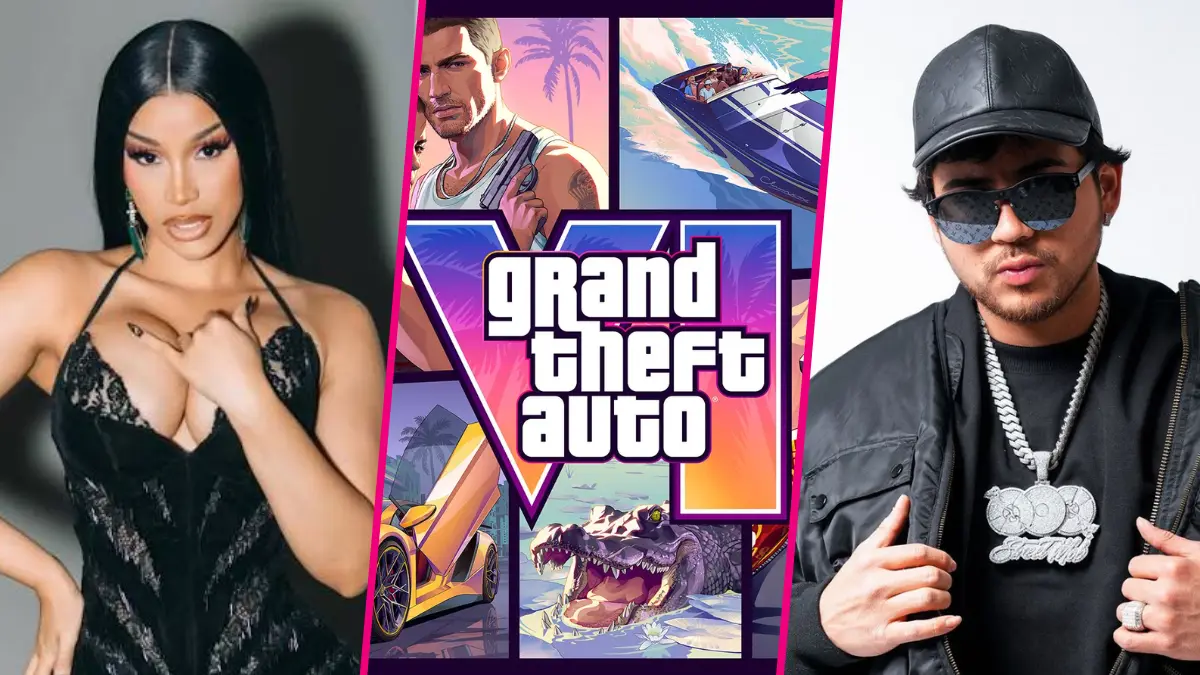 Two performers flank Grand Theft Auto promotional artwork