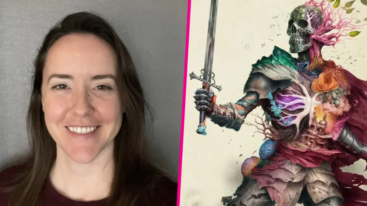Smiling woman, fantasy armored skeleton warrior