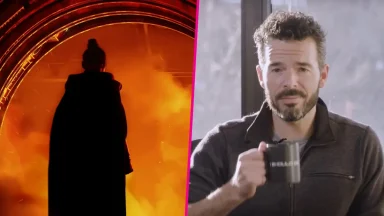 Man holding mug and mysterious cloaked figure in fire.