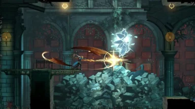 Warrior battling glowing spirit in ruined cathedral hall