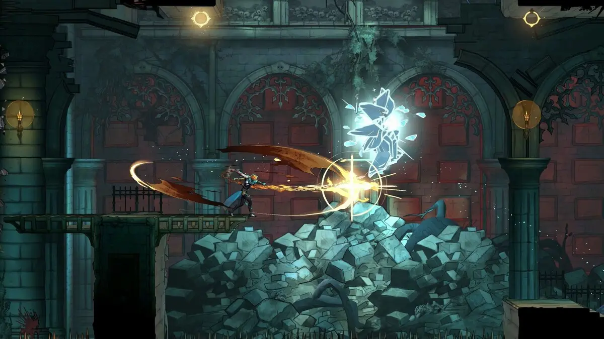 Warrior battling glowing spirit in ruined cathedral hall