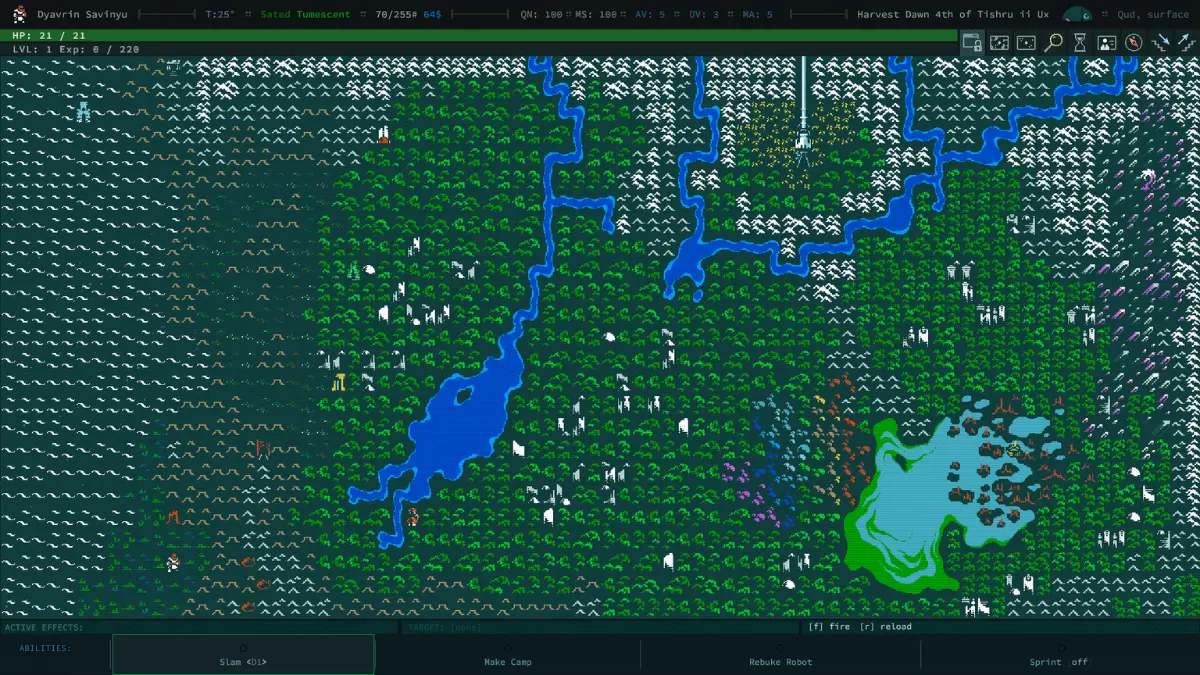 Retro pixelated game map with rivers and forests.