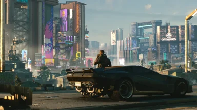 Futuristic cityscape with neon lights and car