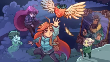 Girl reaches toward flying strawberry as ghostly characters watch