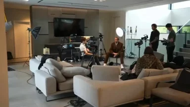 Video interview setup in modern living room