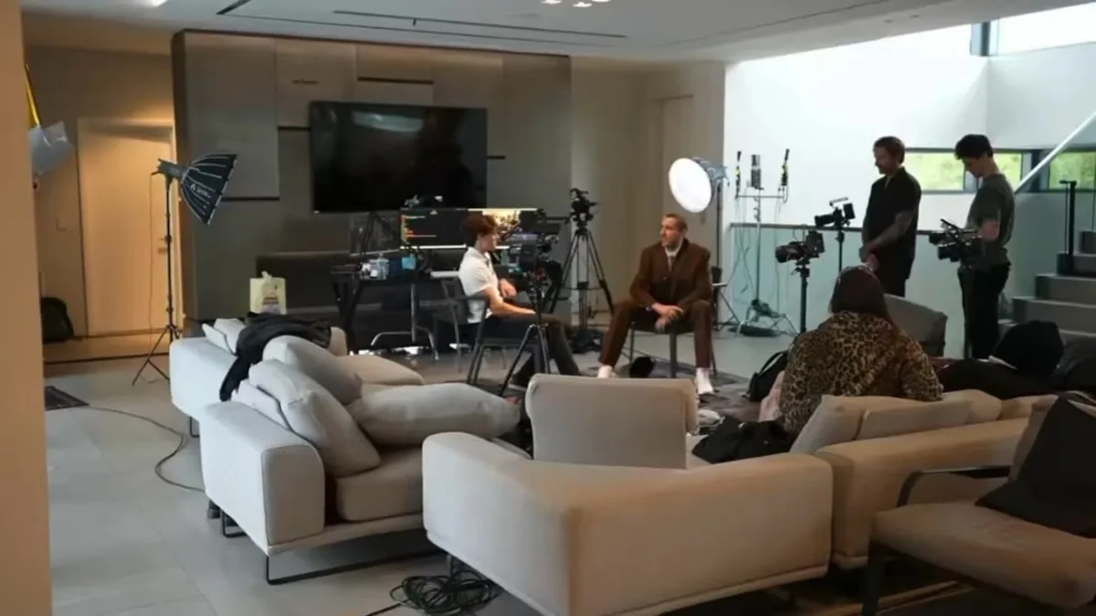 Video interview setup in modern living room