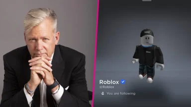 Man in suit, Roblox avatar side by side.