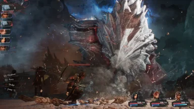 Fantasy warriors battle giant monster in RPG game