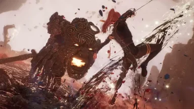 Warrior battling a fiery monster in fantasy scene