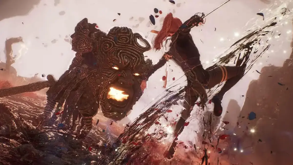 Warrior battling a fiery monster in fantasy scene