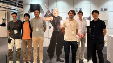 Group photo with Cloud Strife cardboard cutout.